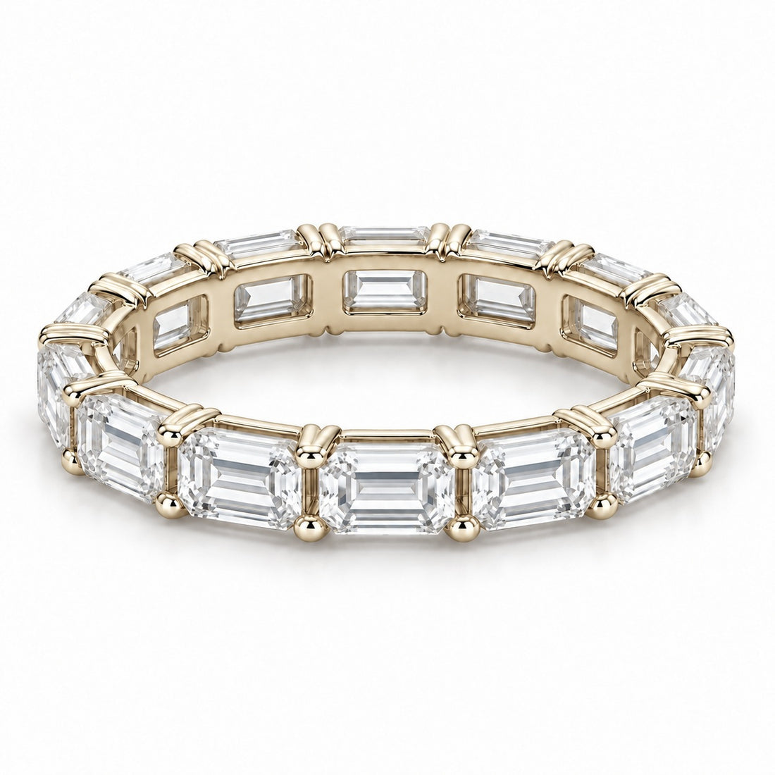 Emerald-cut lab-grown diamond eternity band, 5x3.5mm, 14K yellow gold, angled view