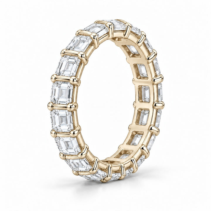 Emerald-cut lab-grown diamond eternity band, 5x3.5mm, 14K yellow gold, side profile