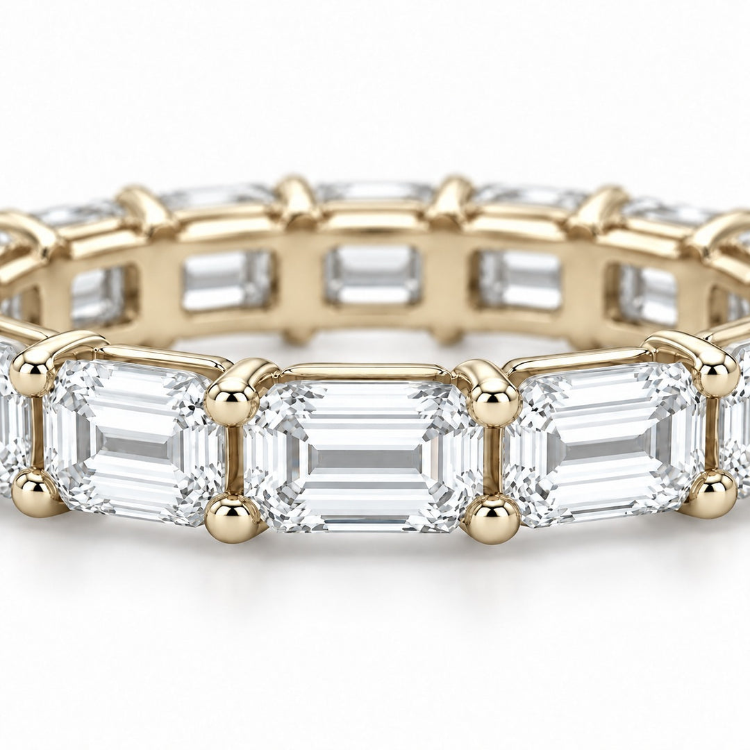 Emerald-cut lab-grown diamond eternity band, 5x3.5mm, 14K yellow gold, close-up of the stones