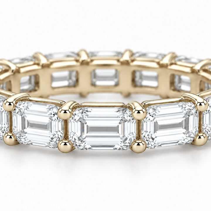 Emerald-cut lab-grown diamond eternity band, 5x3.5mm, 14K yellow gold, close-up of the stones