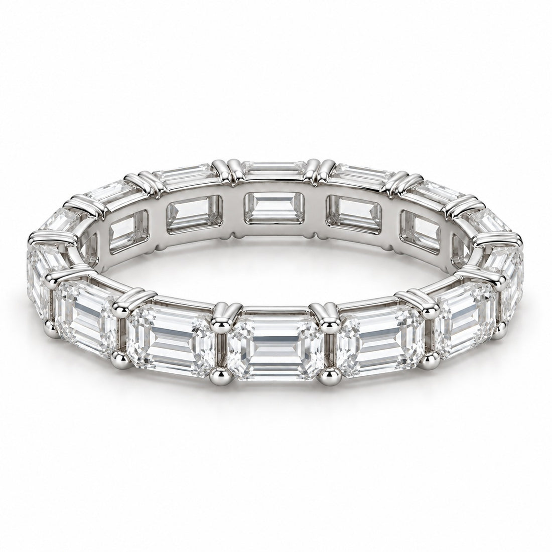 Emerald-cut lab-grown diamond eternity band, 5x3.5mm, 14K white gold, angled view