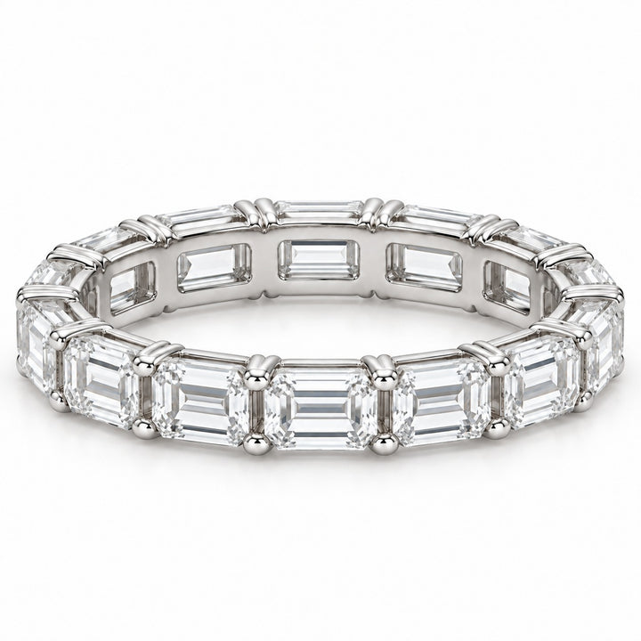 Emerald-cut lab-grown diamond eternity band, 5x3.5mm, 14K white gold, front view