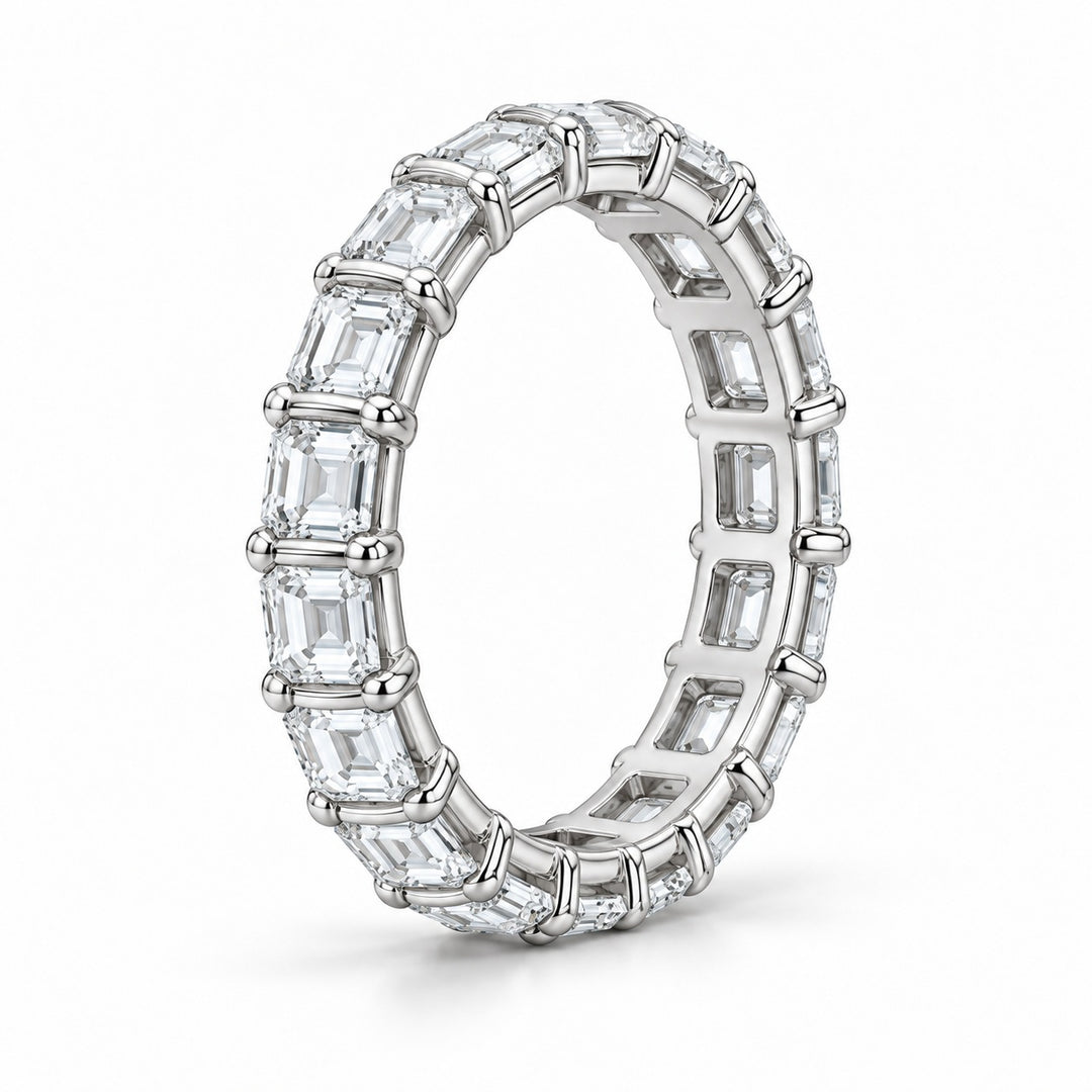 Emerald-cut lab-grown diamond eternity band, 5x3.5mm, 14K white gold, side profile