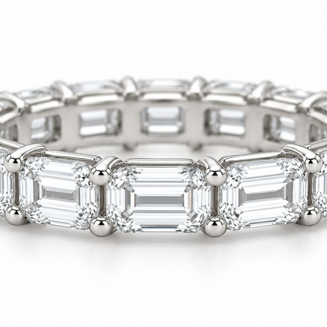 Emerald-cut lab-grown diamond eternity band, 5x3.5mm, 14K white gold, close-up of the stones