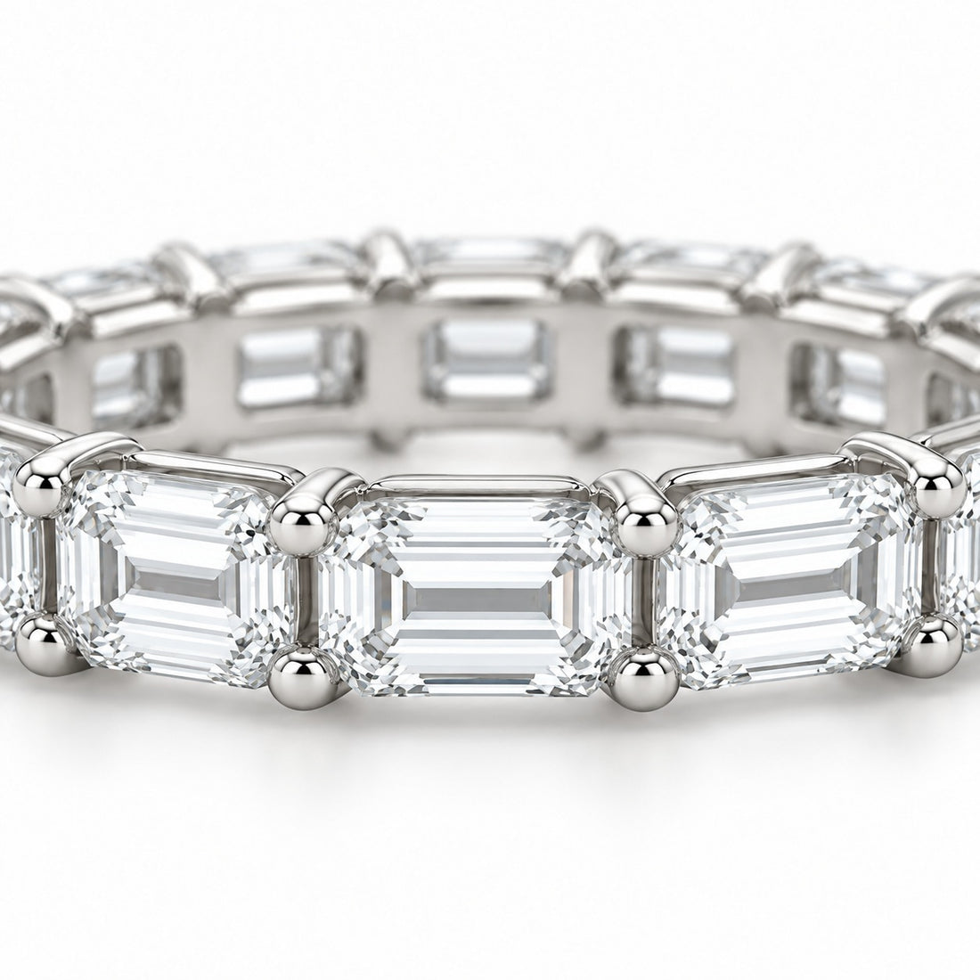 Emerald-cut lab-grown diamond eternity band, 5x3.5mm, 14K white gold, close-up of the stones