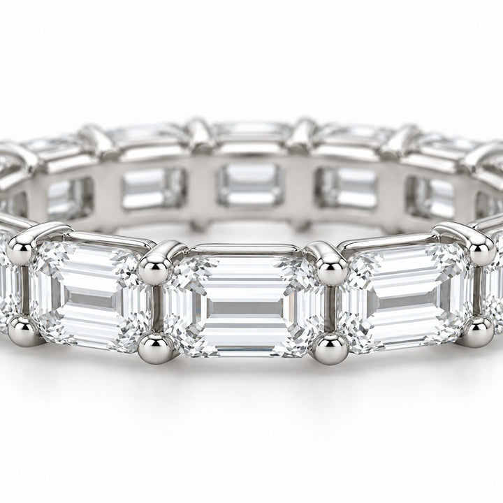 Emerald-cut lab-grown diamond eternity band, 5x3.5mm, 14K white gold, close-up of the stones