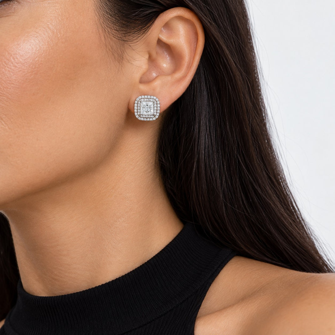 Princess Double Halo Lab Diamond Stud Earrings worn on the ear in 14K White Gold
