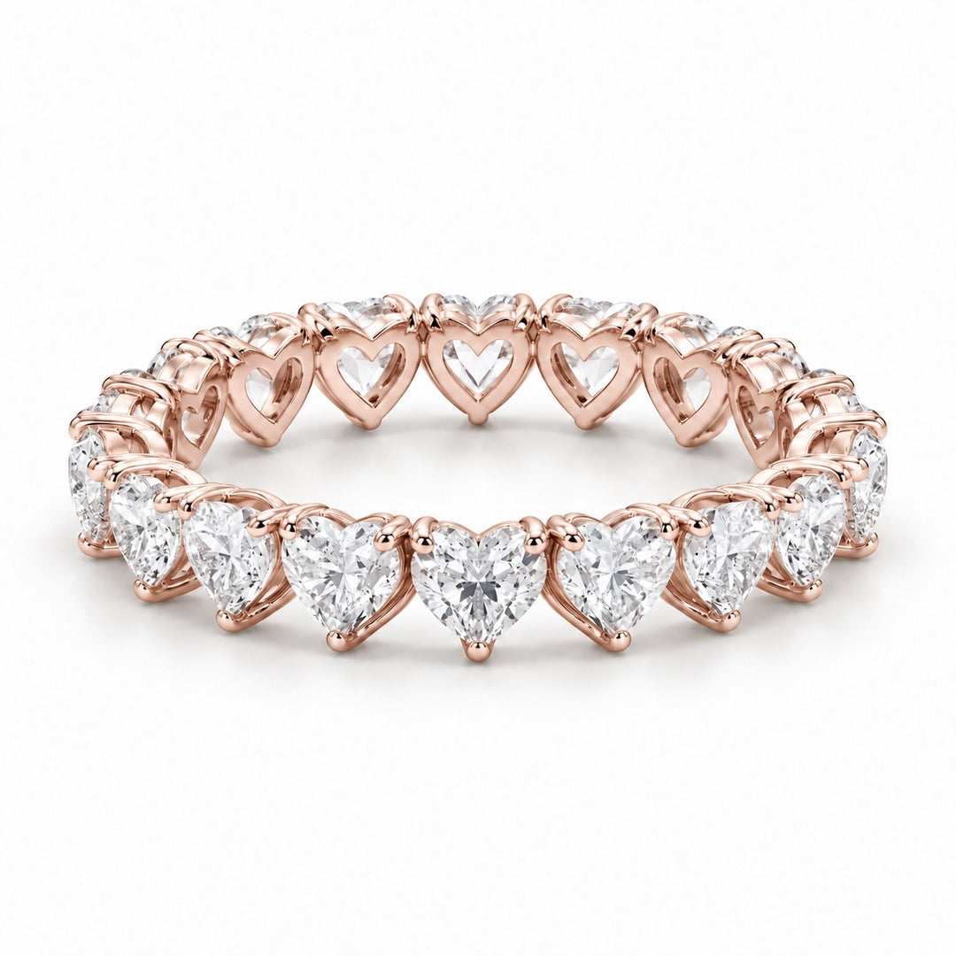 Heart lab-grown diamond eternity band, 3mm, 14K rose gold, angled view
