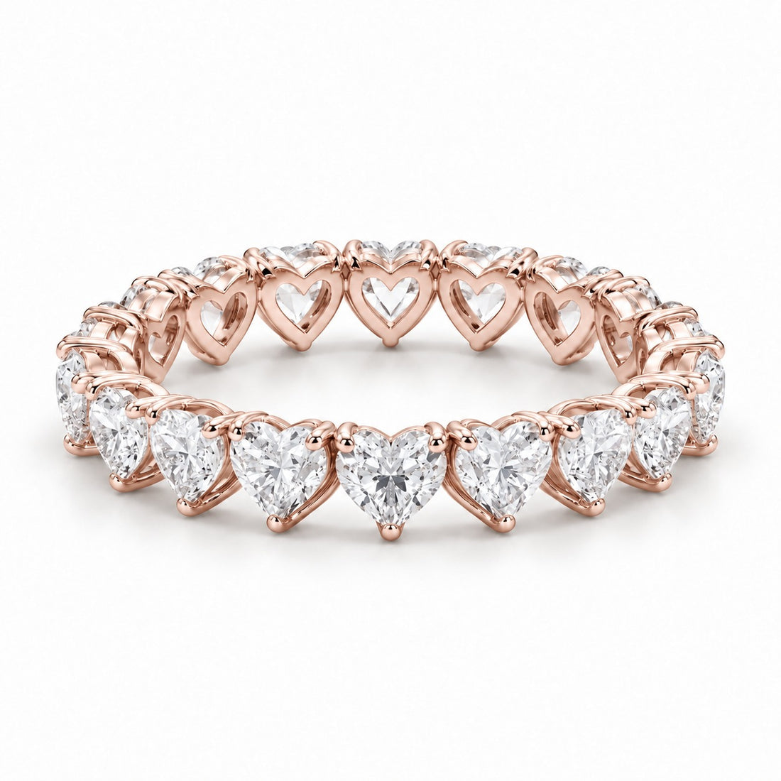 Heart lab-grown diamond eternity band, 3mm, 14K rose gold, angled view