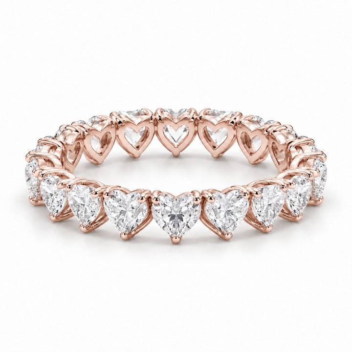 Heart lab-grown diamond eternity band, 3mm, 14K rose gold, angled view