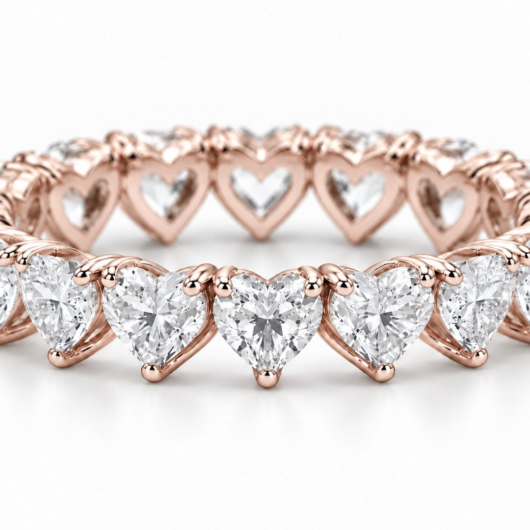 Heart lab-grown diamond eternity band, 3mm, 14K rose gold, macro of the stones