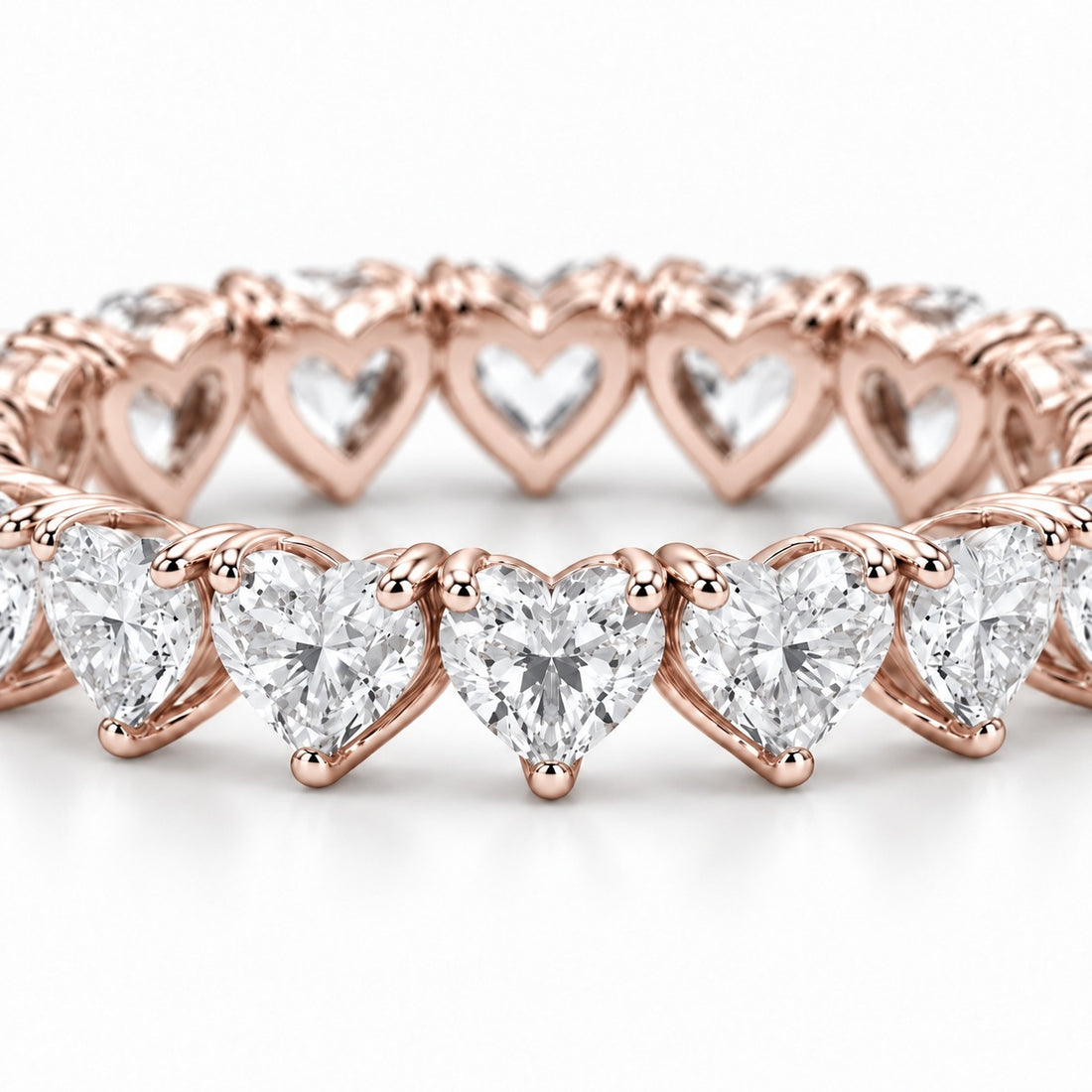Heart lab-grown diamond eternity band, 3mm, 14K rose gold, macro of the stones