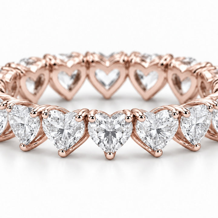 Heart lab-grown diamond eternity band, 3mm, 14K rose gold, macro of the stones