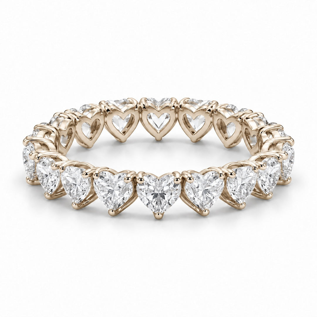 Heart lab-grown diamond eternity band, 3mm, 14K yellow gold, angled view