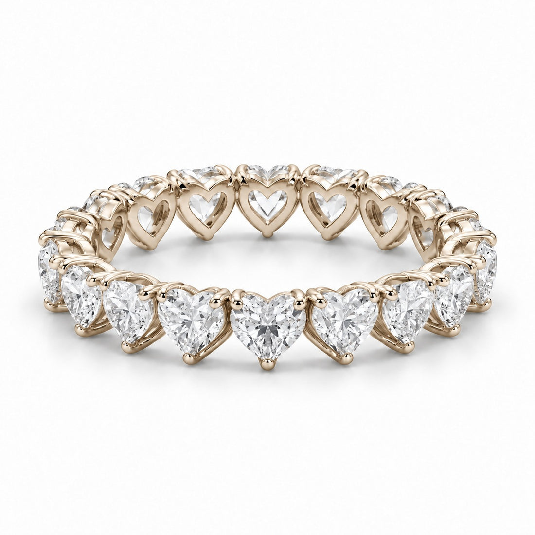 Heart lab-grown diamond eternity band, 3mm, 14K yellow gold, angled view