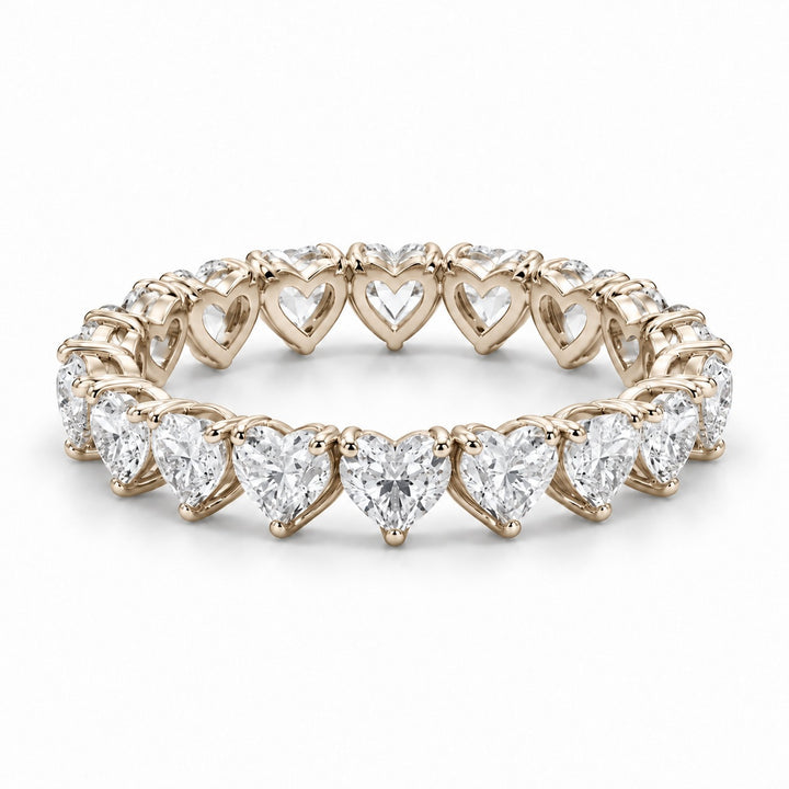 Heart lab-grown diamond eternity band, 3mm, 14K yellow gold, angled view