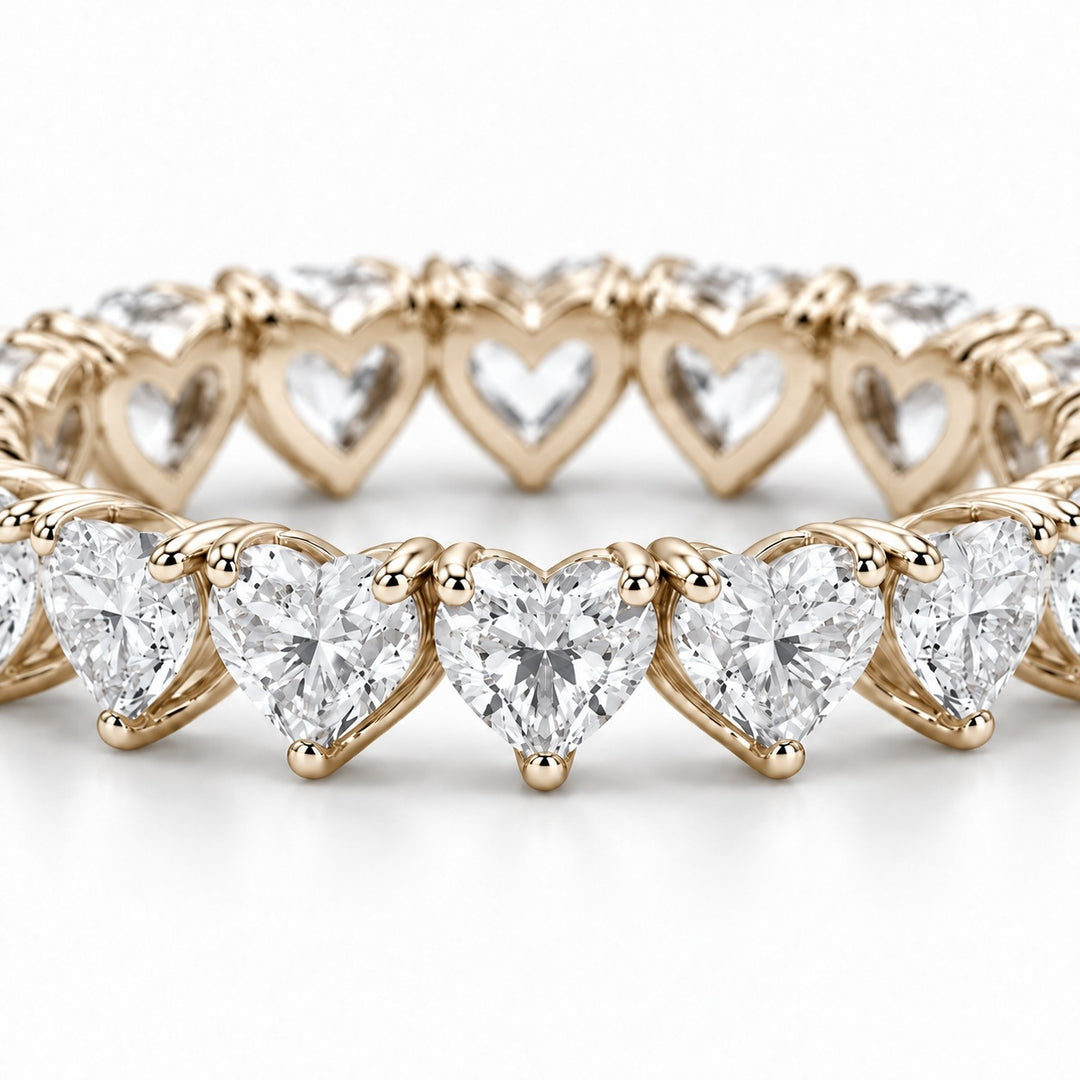 Heart lab-grown diamond eternity band, 3mm, 14K yellow gold, macro of the stones