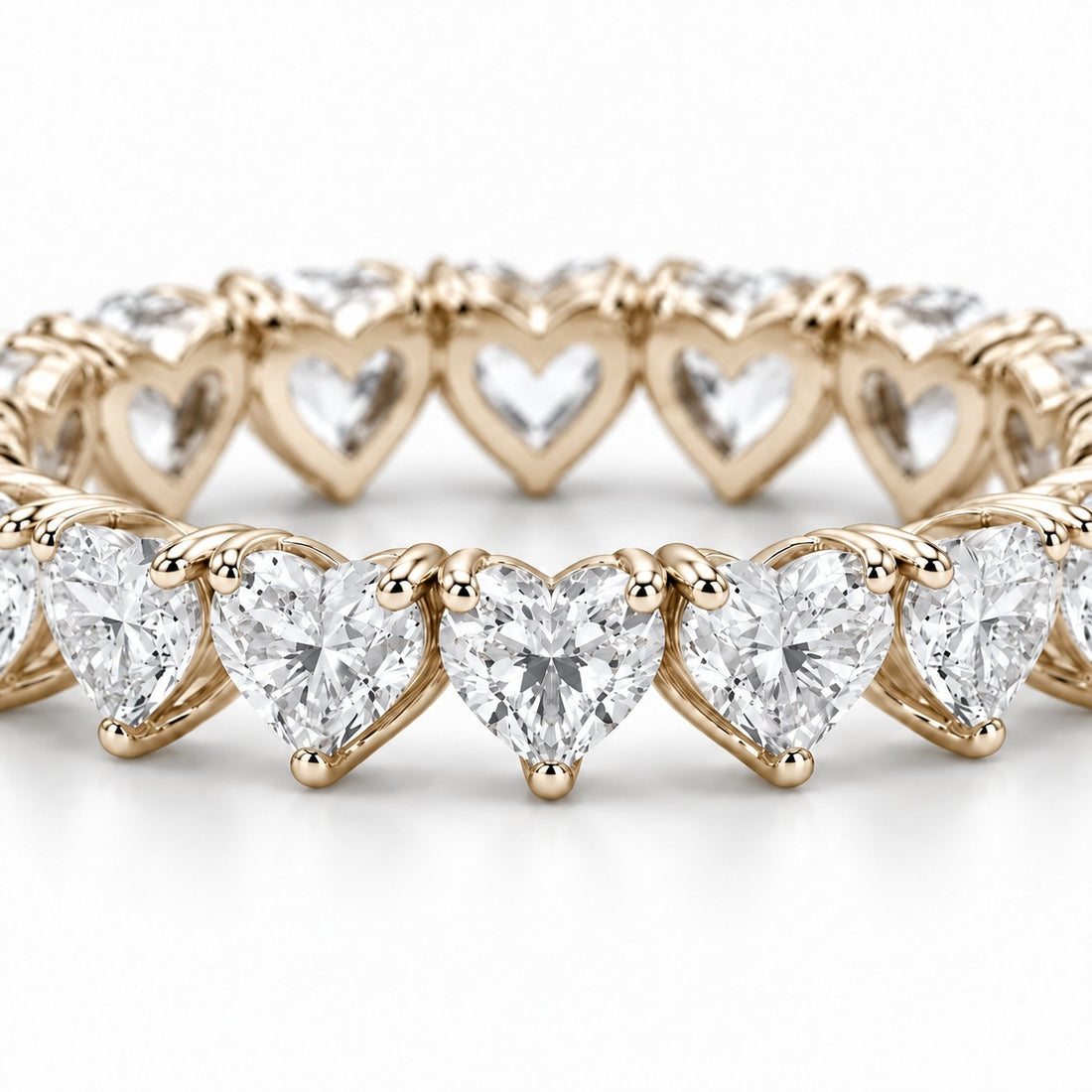 Heart lab-grown diamond eternity band, 3mm, 14K yellow gold, macro of the stones
