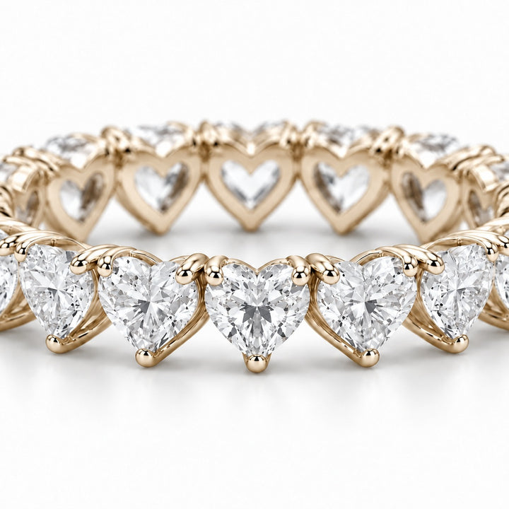 Heart lab-grown diamond eternity band, 3mm, 14K yellow gold, macro of the stones