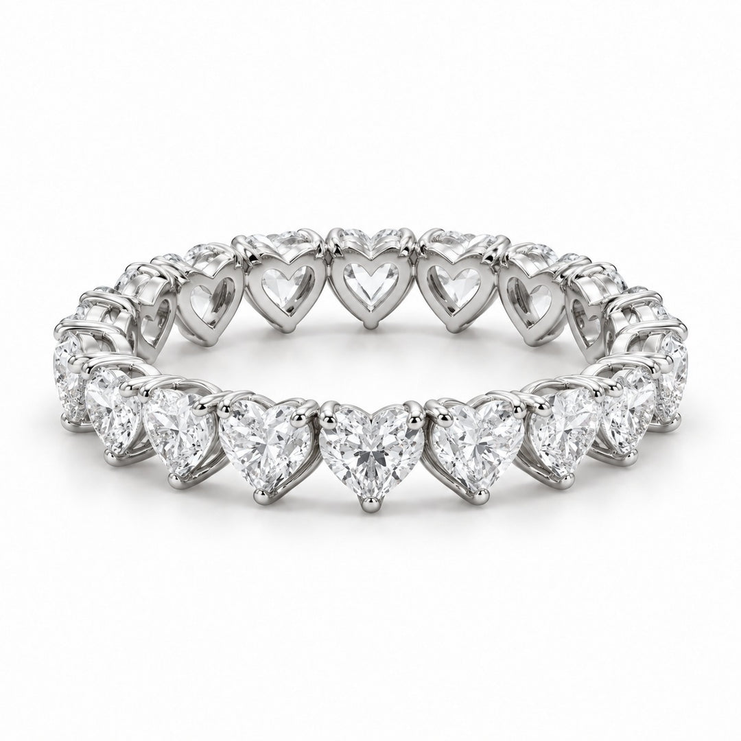 Heart lab-grown diamond eternity band, 3mm, 14K white gold, angled view