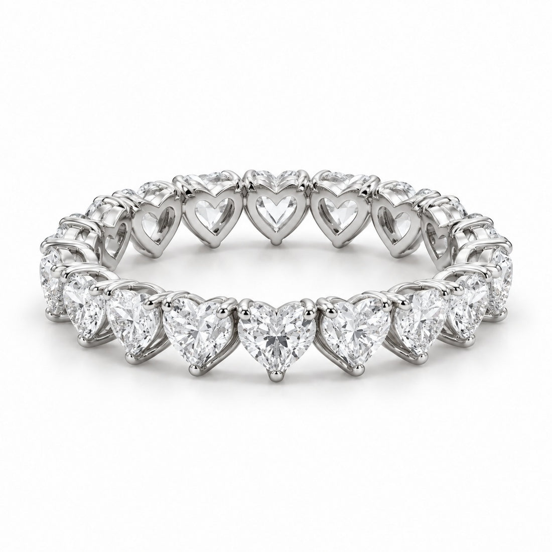 Heart lab-grown diamond eternity band, 3mm, 14K white gold, angled view