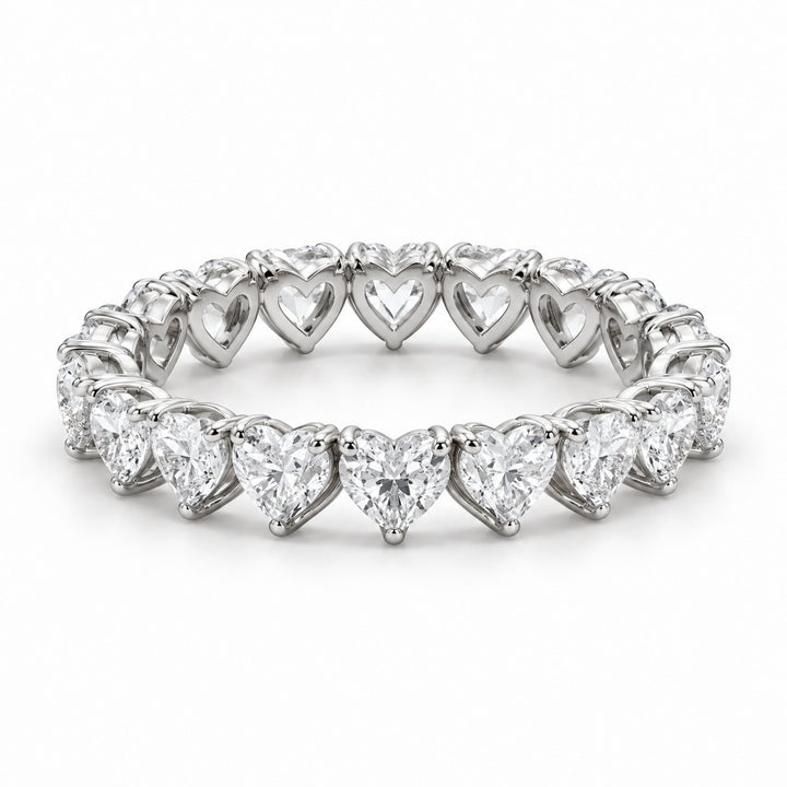 Heart lab-grown diamond eternity band, 3mm, 14K white gold, angled view