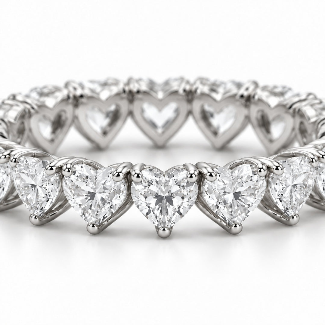 Heart lab-grown diamond eternity band, 3mm, 14K white gold, macro of the stones