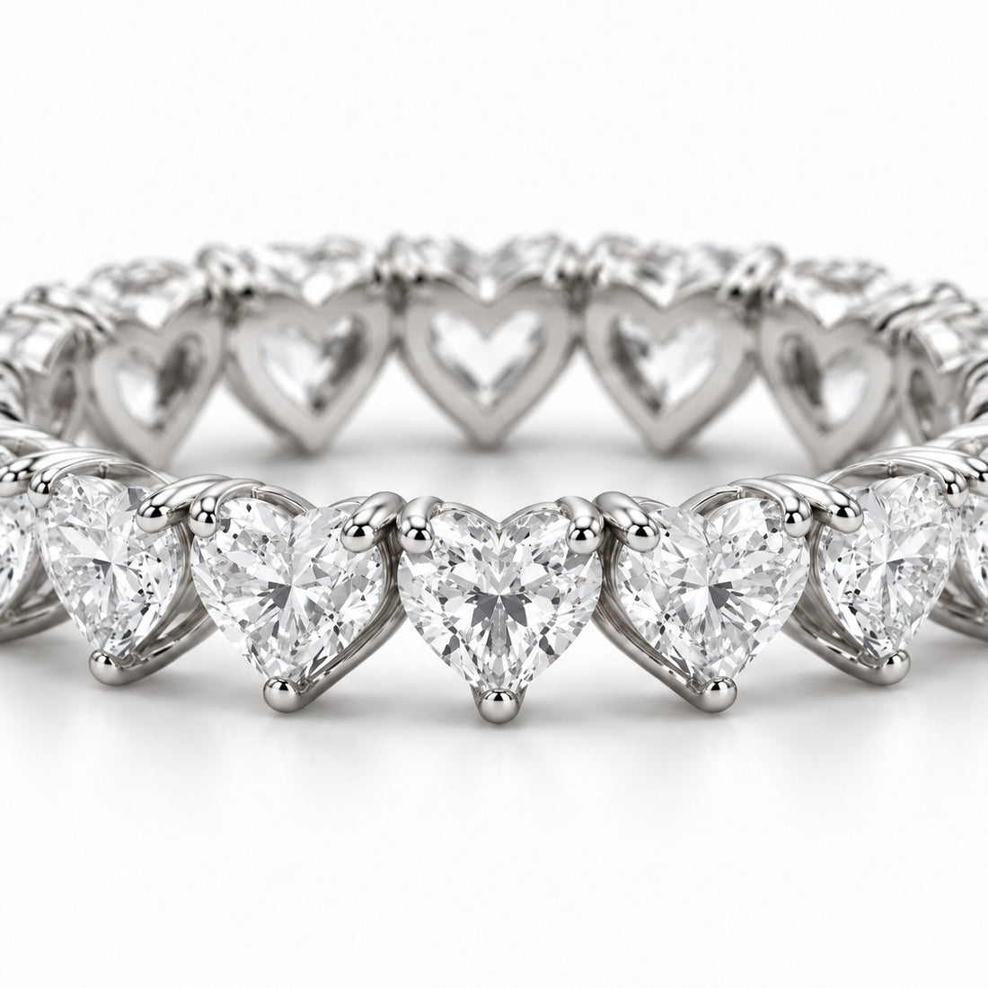 Heart lab-grown diamond eternity band, 3mm, 14K white gold, macro of the stones