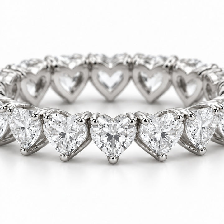 Heart lab-grown diamond eternity band, 3mm, 14K white gold, macro of the stones