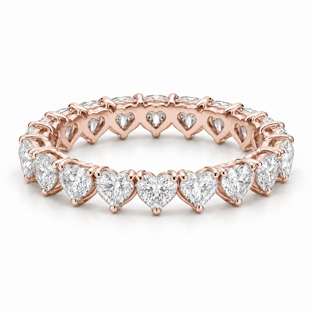 Heart lab-grown diamond eternity band, 4mm, 14K rose gold, angled view