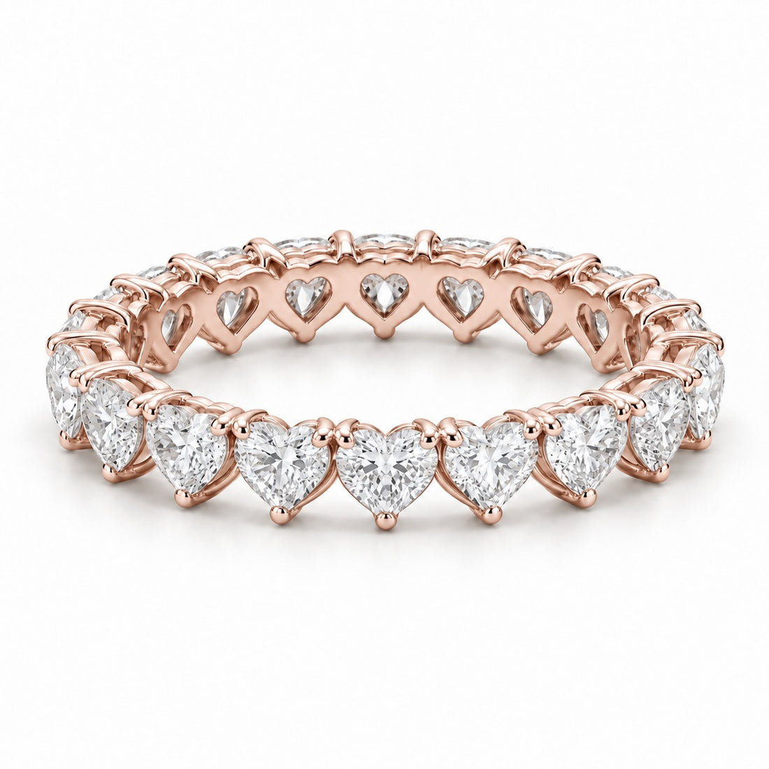 Heart lab-grown diamond eternity band, 4mm, 14K rose gold, angled view