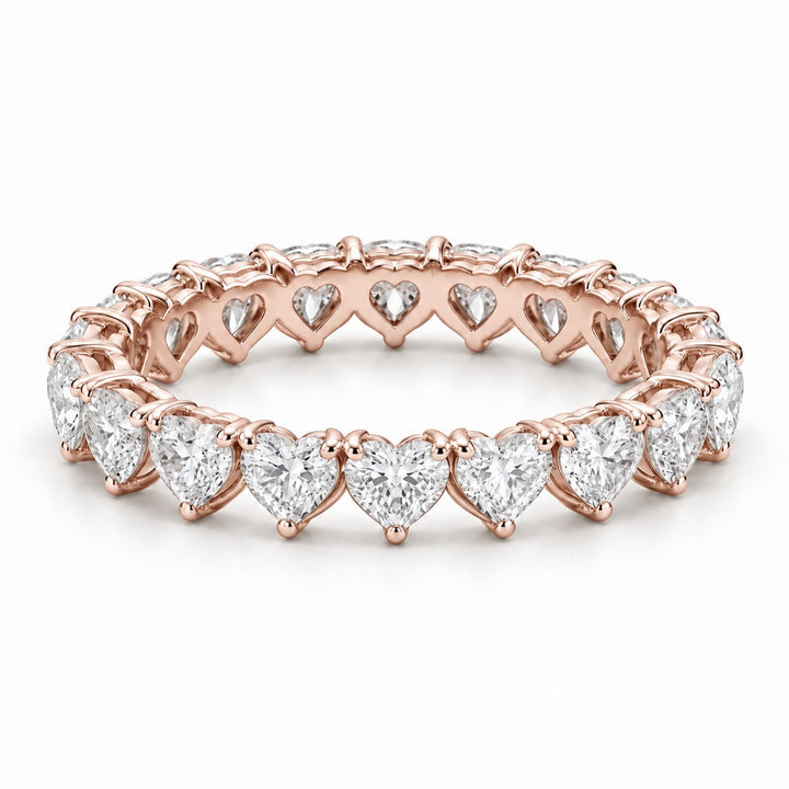 Heart lab-grown diamond eternity band, 4mm, 14K rose gold, angled view