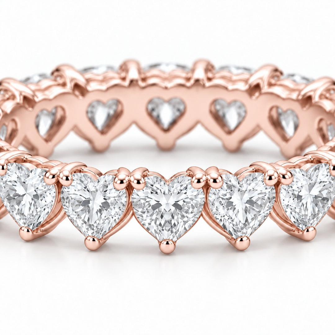 Heart lab-grown diamond eternity band, 4mm, 14K rose gold, macro of the stones