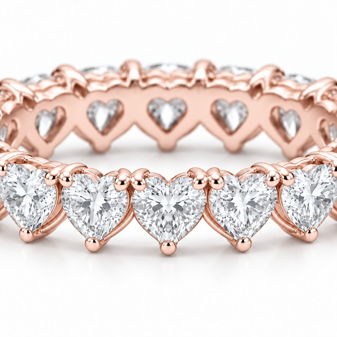 Heart lab-grown diamond eternity band, 4mm, 14K rose gold, macro of the stones