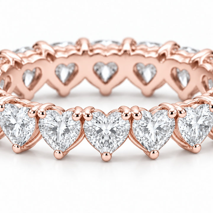 Heart lab-grown diamond eternity band, 4mm, 14K rose gold, macro of the stones