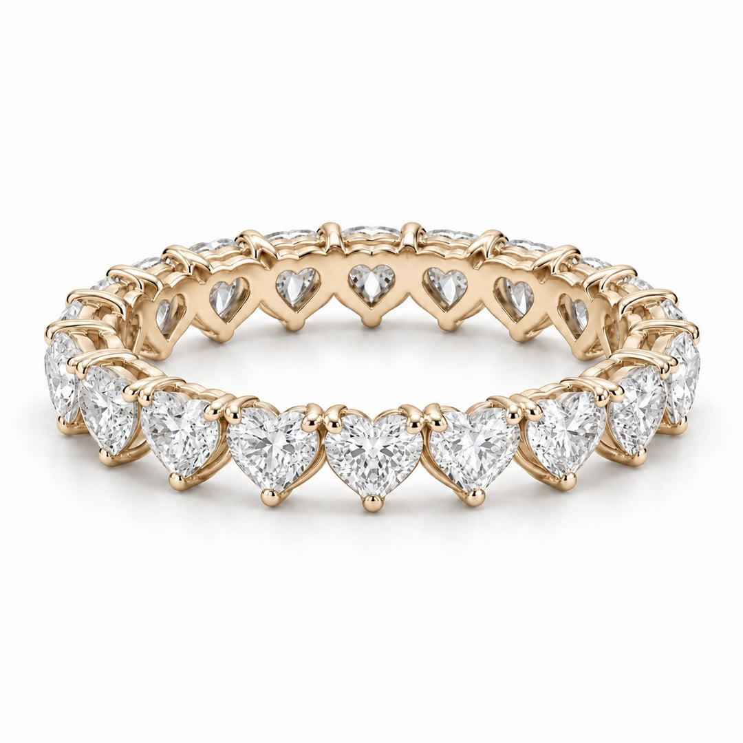 Heart lab-grown diamond eternity band, 4mm, 14K yellow gold, angled view