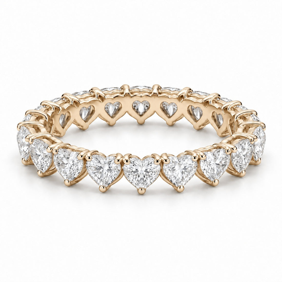 Heart lab-grown diamond eternity band, 4mm, 14K yellow gold, angled view