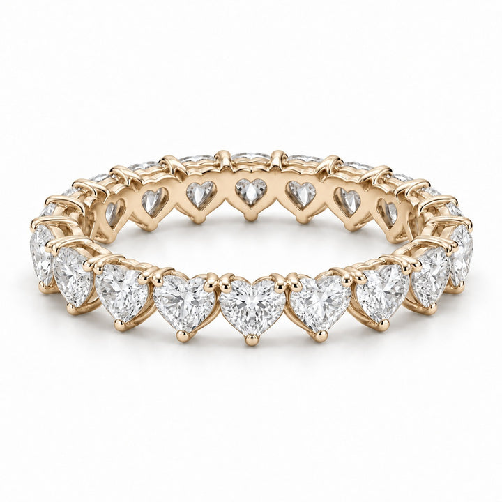 Heart lab-grown diamond eternity band, 4mm, 14K yellow gold, angled view