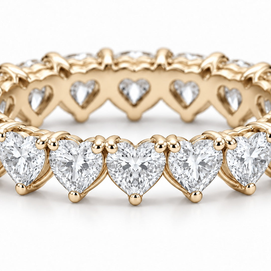 Heart lab-grown diamond eternity band, 4mm, 14K yellow gold, macro of the stones