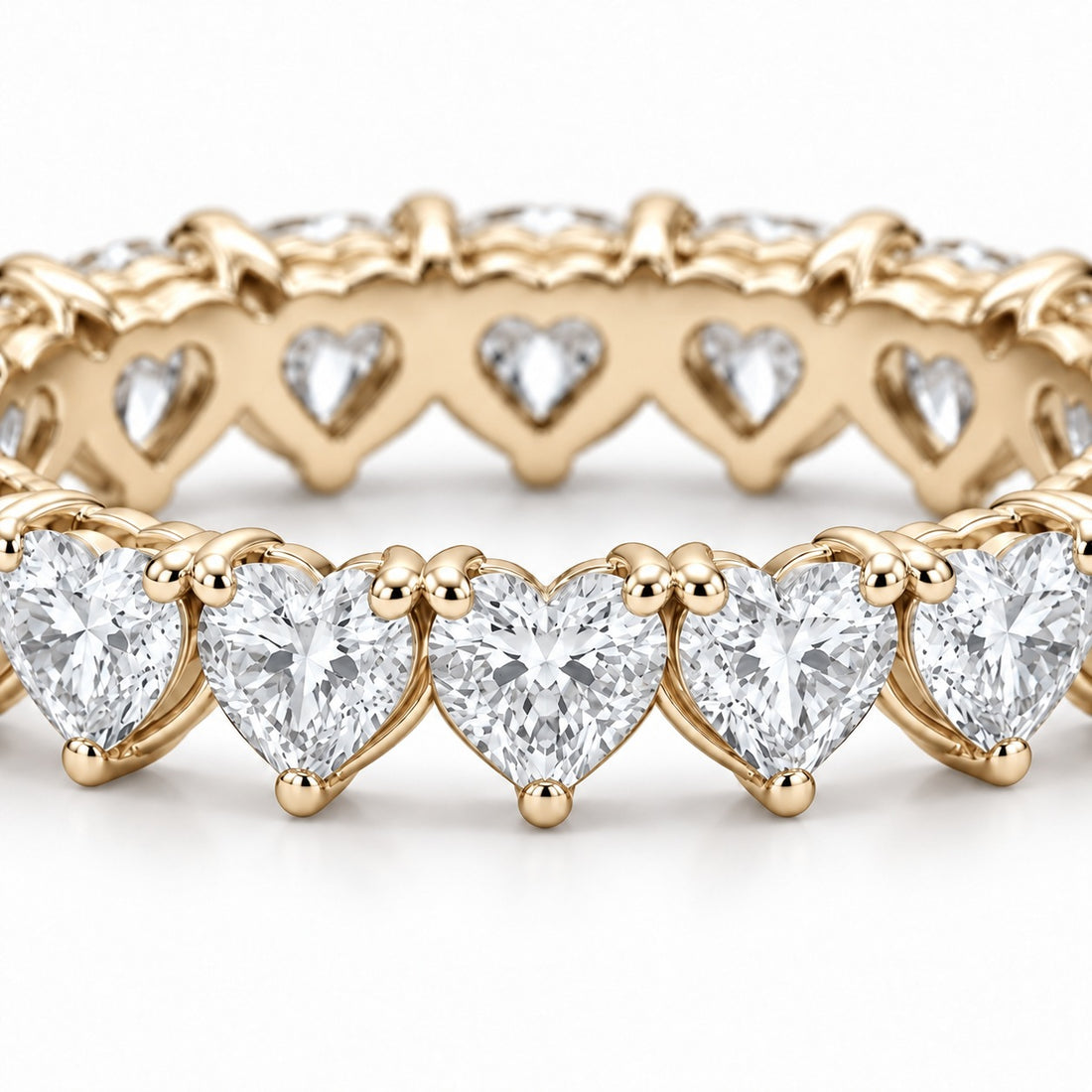 Heart lab-grown diamond eternity band, 4mm, 14K yellow gold, macro of the stones
