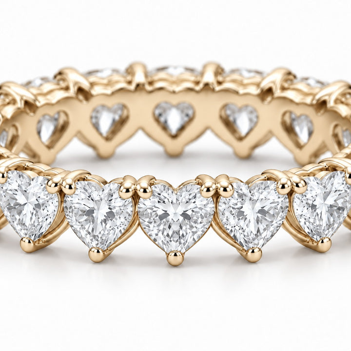 Heart lab-grown diamond eternity band, 4mm, 14K yellow gold, macro of the stones