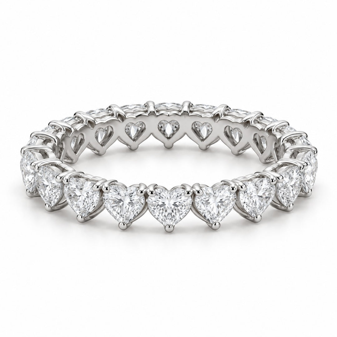 Heart lab-grown diamond eternity band, 4mm, 14K white gold, angled view