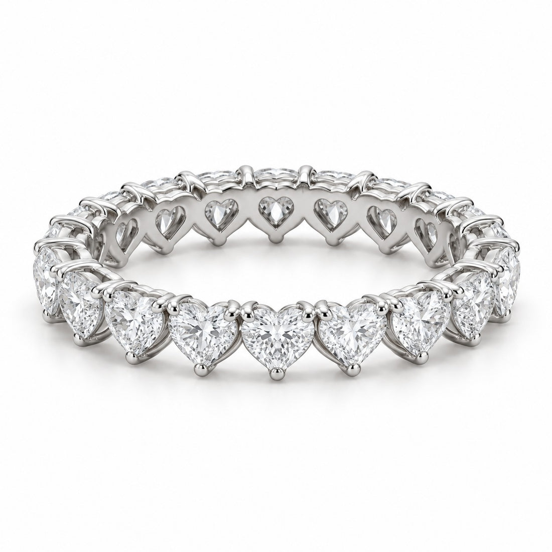 Heart lab-grown diamond eternity band, 4mm, 14K white gold, angled view