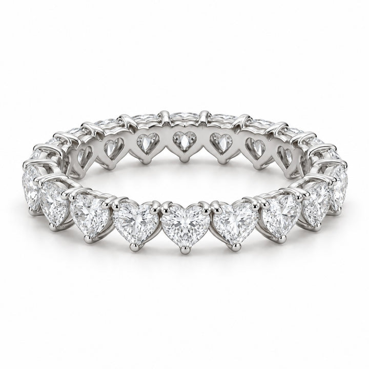 Heart lab-grown diamond eternity band, 4mm, 14K white gold, angled view