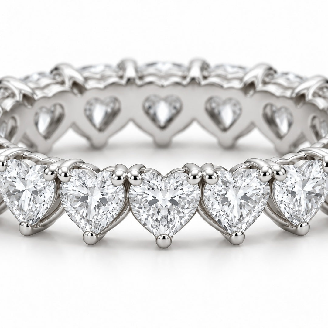 Heart lab-grown diamond eternity band, 4mm, 14K white gold, macro of the stones