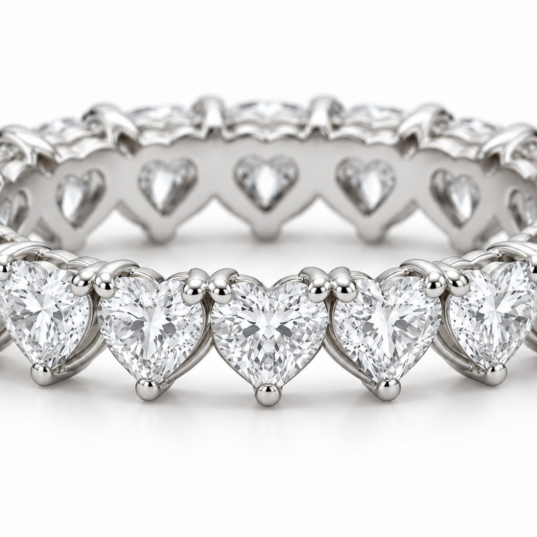 Heart lab-grown diamond eternity band, 4mm, 14K white gold, macro of the stones