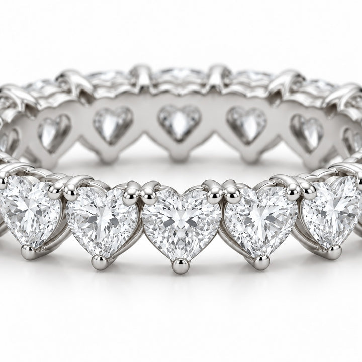 Heart lab-grown diamond eternity band, 4mm, 14K white gold, macro of the stones
