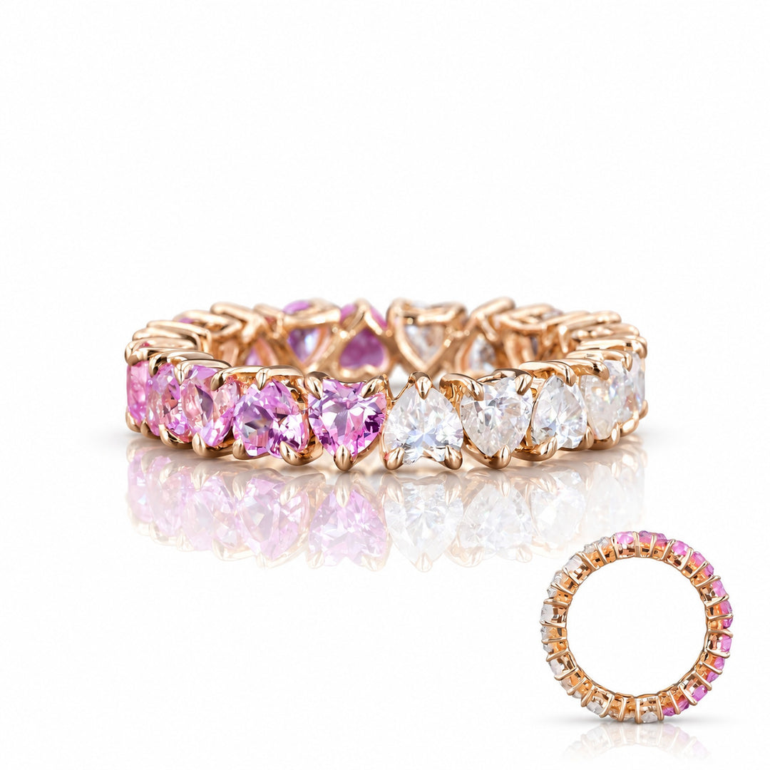 Heart Sakura Pink Sapphire & Diamond Eternity Band in 14K rose gold, front