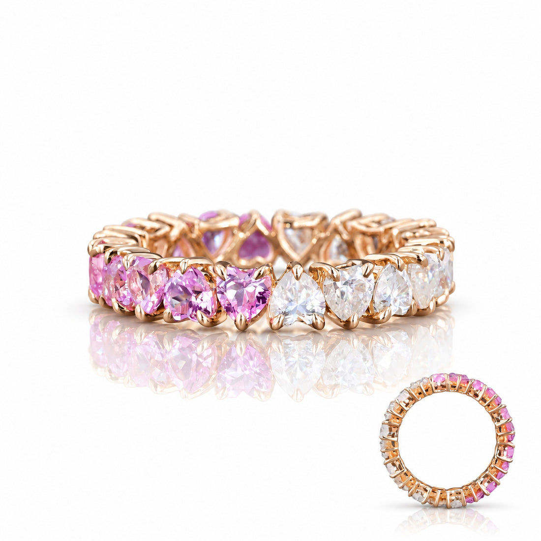 Heart Sakura Pink Sapphire & Diamond Eternity Band in 14K rose gold, front