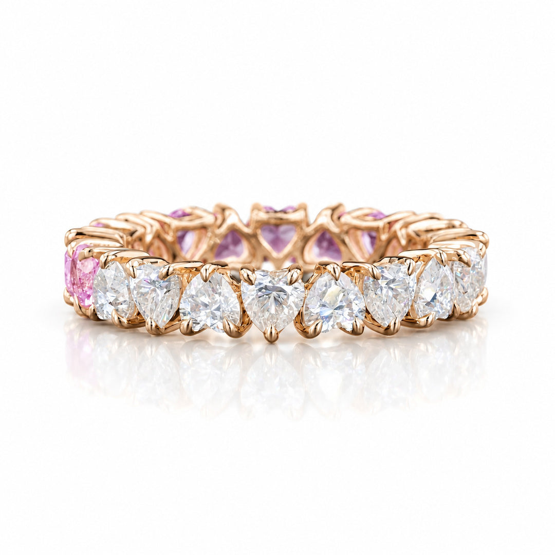 Heart Sakura Pink Sapphire & Diamond Eternity Band in 14K rose gold, front